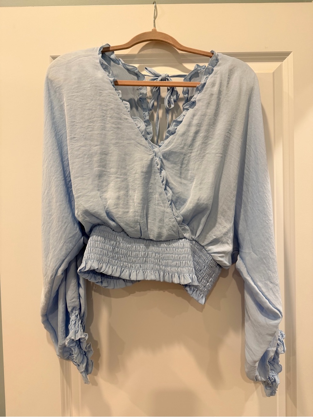 Women's Light Blue Smocked-Waist V-Neck Blouse
